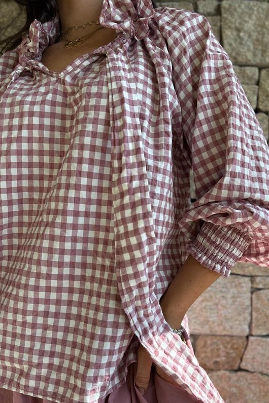 Nonni Gingham Poet Blouse Indian Pink